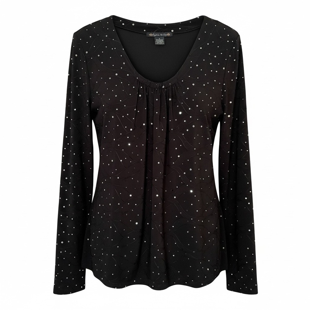 Suzie in the City Womens Black Stunning Sequin Swirl Long Sleeve Blouse Top M